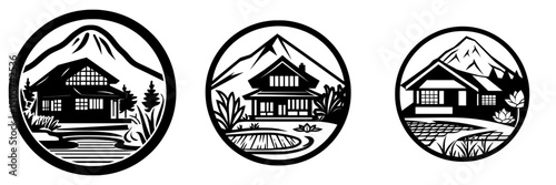 The graphic showcases a peaceful Japanese scene with a mountain, traditional house, water, and plants, all set within a circular frame in black and white
