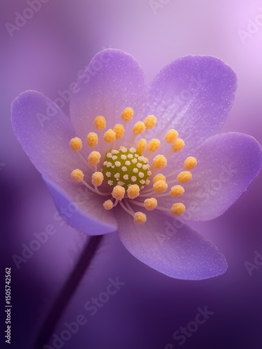 A delicate purple flower showcases its vibrant yellow stamens, illuminated by soft light. This scene captures the essence of nature's beauty in a serene environment.