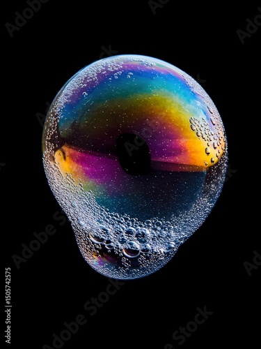 Colorful soap bubbles floating against a black background create a mesmerizing visual display of reflections and light