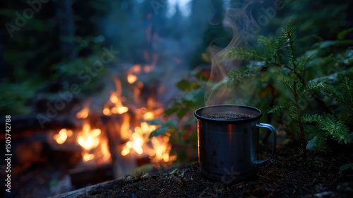 A steaming metal mug sits on a forest floor near a glowing campfire, surrounded by lush greenery, capturing the essence of warmth, solitude, and wilderness adventure.
