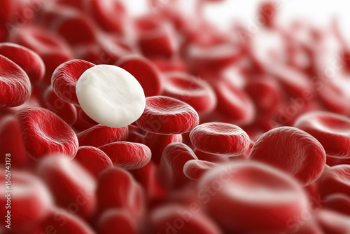 Close up of red and white blood cells, highlighting the texture and contrast between the two cell types in a dynamic, scientific visualization