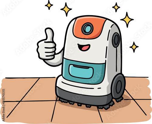 Robot vacuum cleaner giving thumbs up with sparkling cleanliness on tiled floor vector illustration 