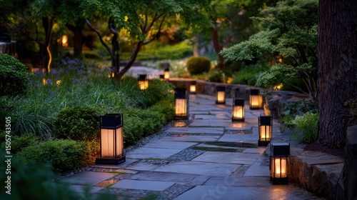A peaceful garden pathway lit by vintage lanterns, winding through lush greenery and tall trees, creating a warm and inviting ambiance during twilight.