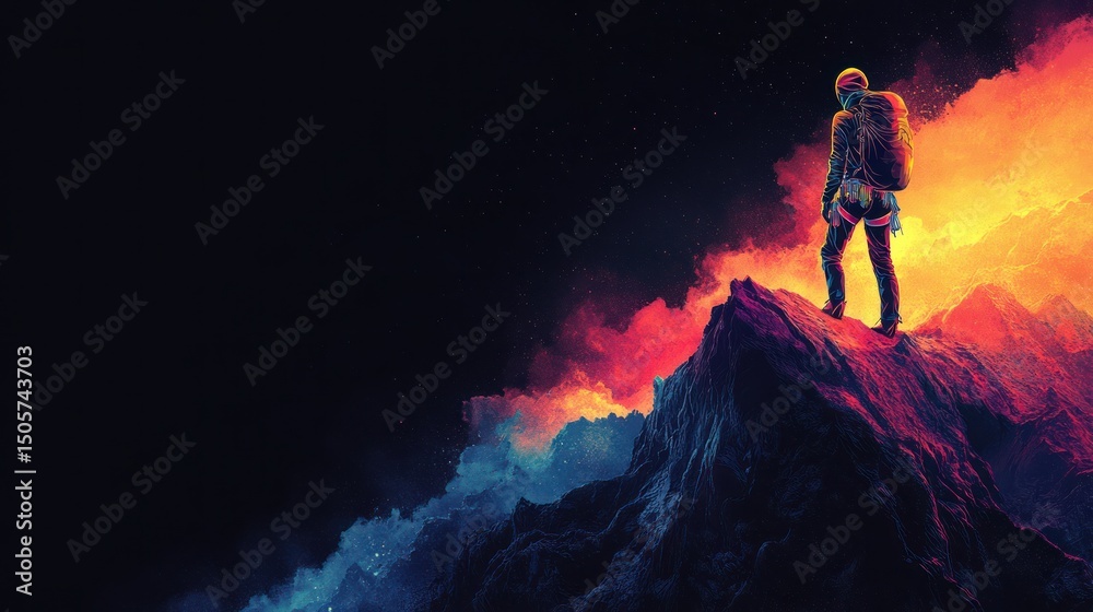 Obraz premium Climber Summit Success Night Mountain Dramatic Artwork