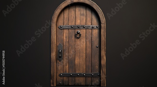 A slightly aged wooden door with a rounded top and black iron hinges