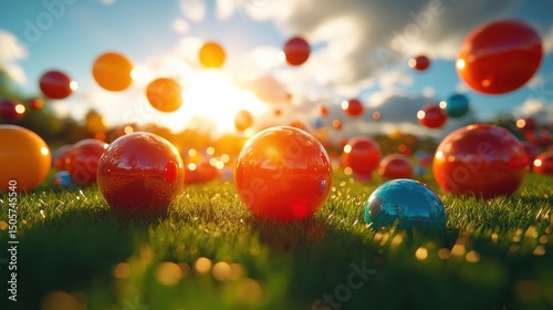 Colorful balls floating in grassy field at sunset