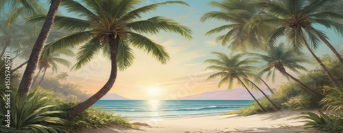A serene tropical beach scene at sunset featuring palm trees silhouetted against a colorful sky, gentle ocean waves, and a warm, peaceful atmosphere.