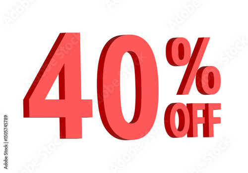 40 percent off discount text graphic in bold red 3D letters, for promotional sale banner icon, coupons, and special offers, marketing design element, boosting savings and shopping deals	