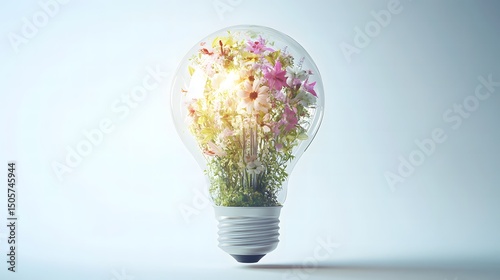 A beautiful light bulb filled with colorful flowers inside representing nature, beauty, and creative inspiration for growth