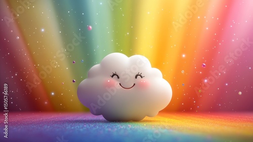 Happy cloud character on a rainbow background with sparkles