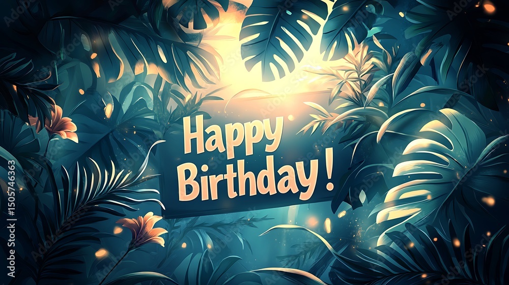 Fototapeta premium A digital illustration birthday banner, jungle theme with hibiscus vines and monstera leaves hanging from above, bold 