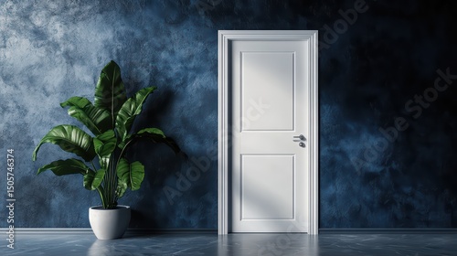 A two-tone bathroom door with white on the outside and deep navy blue on the inside