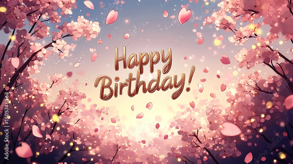 Obraz premium A digital painting of sakura trees in bloom, petals drifting across a sky gradient, ornate gold “Happy Birthday!” script in center, glowing bokeh lights in background.