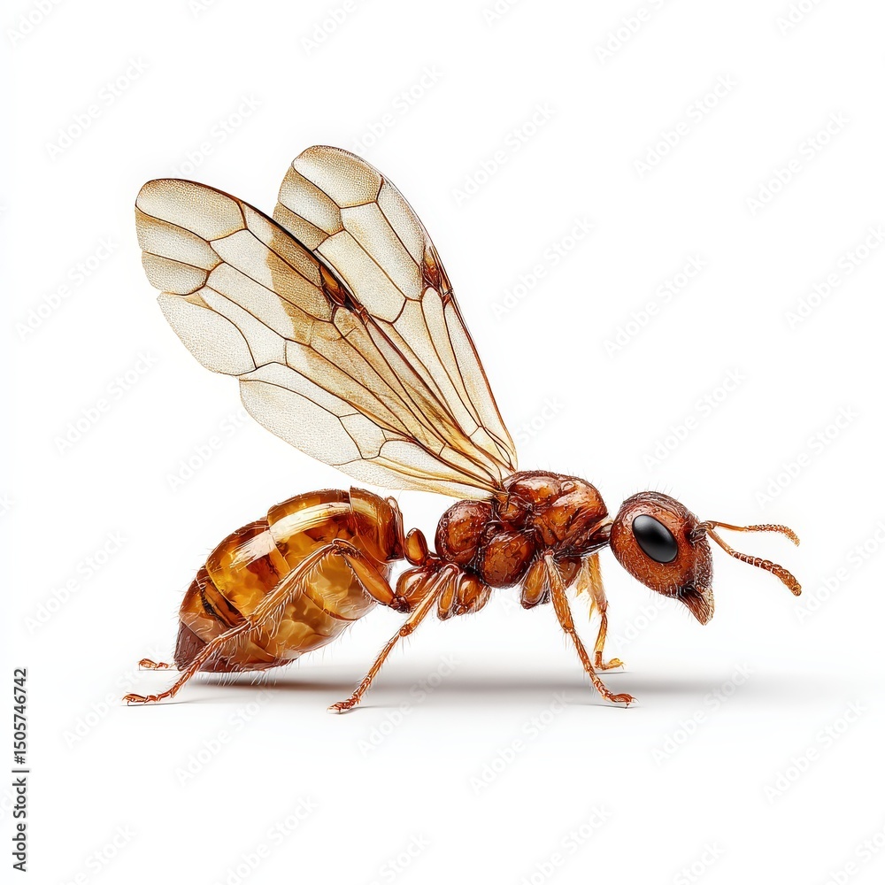 Fototapeta premium Close-up of a winged ant with translucent wings against a white background.