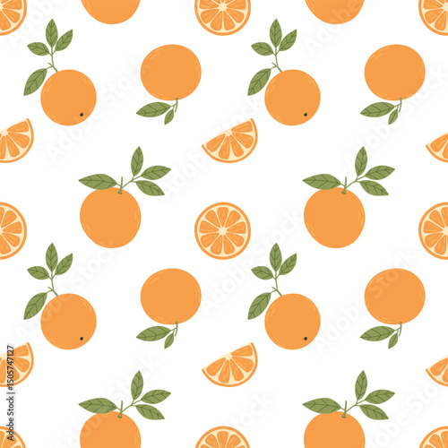 Oranges, seamless vector pattern. Bright summer pattern with oranges on a white background in a simple flat style.