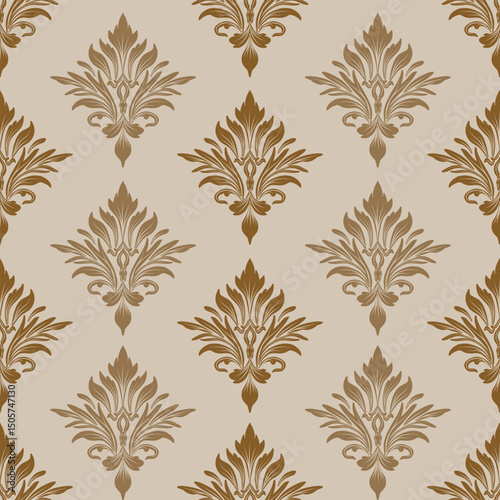 Damask seamless floral pattern, brown and light brown ornament, vector illustration elegant for textile, wall paper, bedding, curtains, cushion cover, rug, scarf,    upholstery fabric, vintage design 