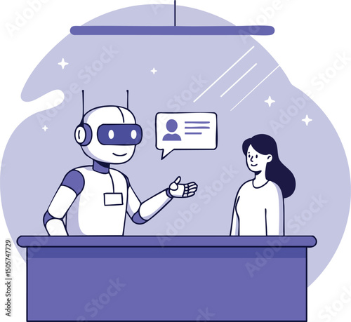 Robot assistant interacting with woman at counter in futuristic office scene vector 