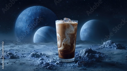 A glass of iced coffee stands on a surreal, moon-like surface with swirling planets in the background, blending cosmic mystery with everyday refreshment.