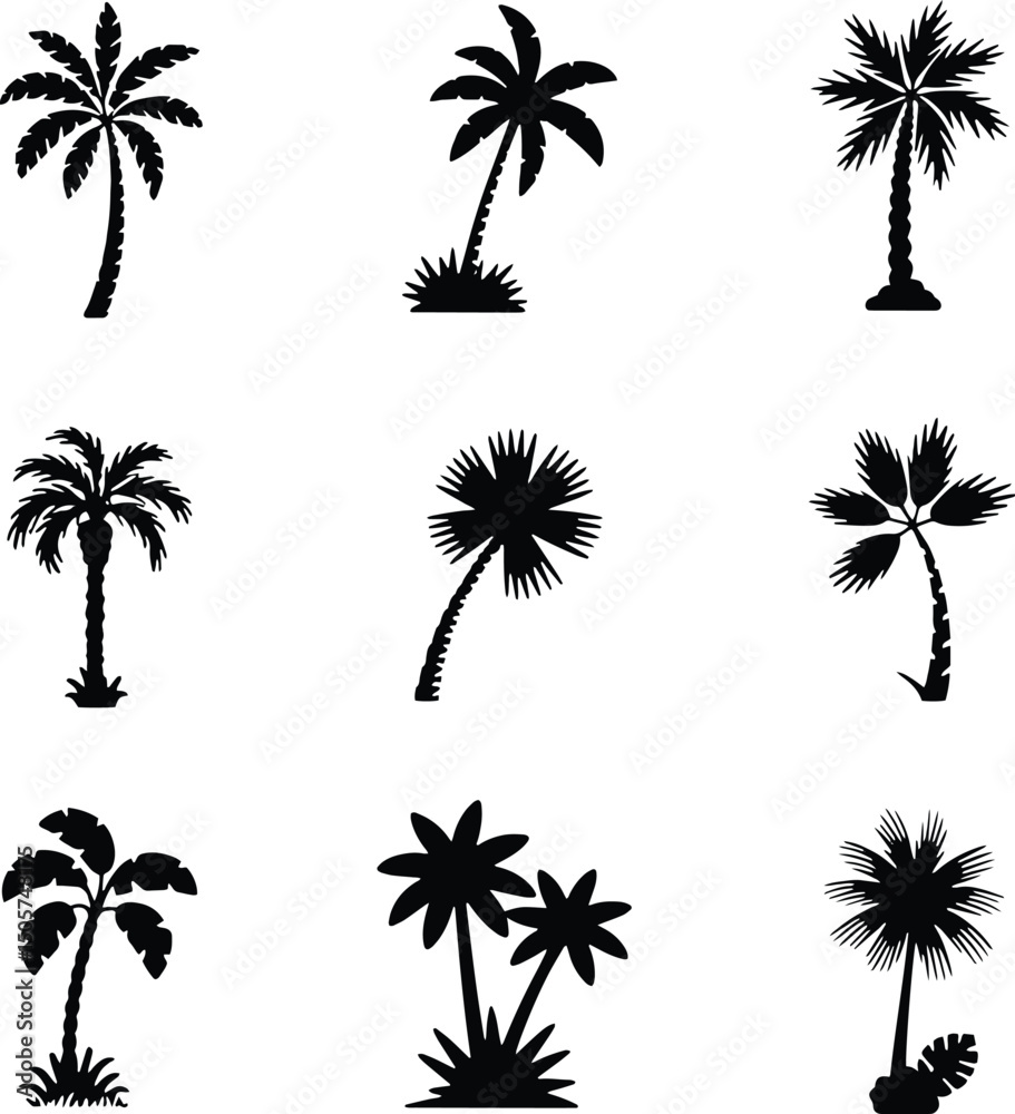 Fototapeta premium Collection of nine black silhouette palm trees