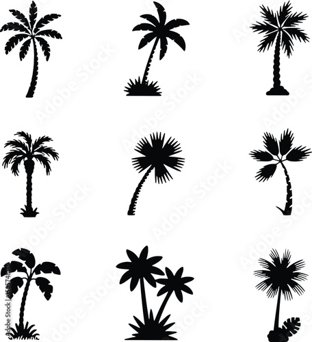 Collection of nine black silhouette palm trees