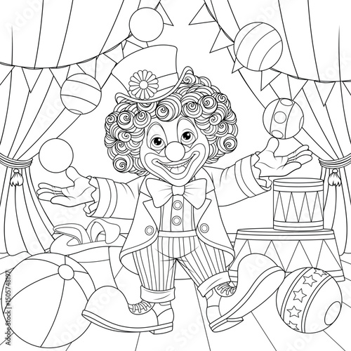 Vector illustration, clown in the circus juggles balls, coloring