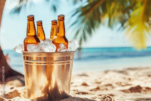 Cold Beer Bottles in Ice Bucket on Beach