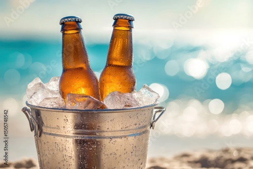 Cold Beer Bottles in Ice Bucket on Beach