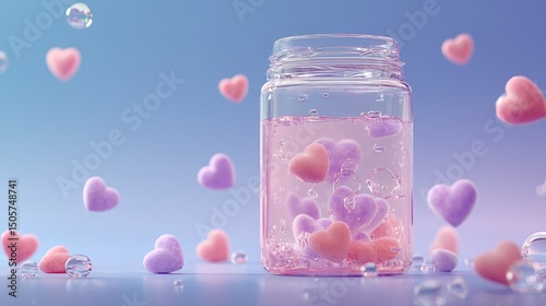 Aesthetic jar filled with pink and purple heart-shaped objects floating in liquid, surrounded by bubbles against a soft blue background.
