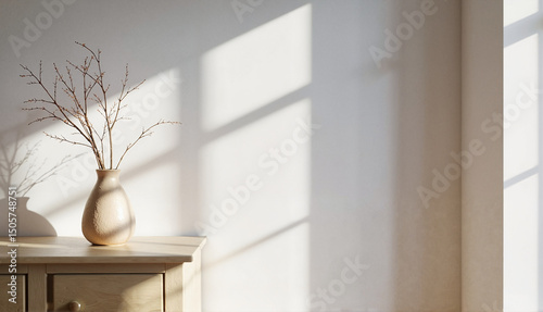 Minimalist vase with dried branches on wooden dresser in bright room  