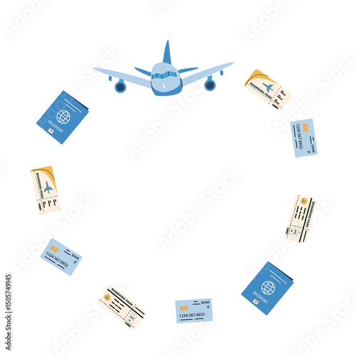 Summer vacation travel essentials with airplane, tickets, and passports.