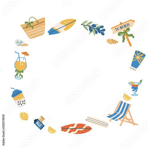 Summer vacation sticker set with beach and travel icons for creative design.