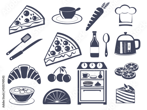 Flat Food Icon Collection – Dark Blue & White Minimalist Style