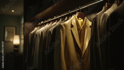 Wallpaper Mural A curated collection of men's suits and shirts, elegantly displayed in a well-lit walk-in closet.  A warm, sophisticated ambiance enhances the garments Torontodigital.ca