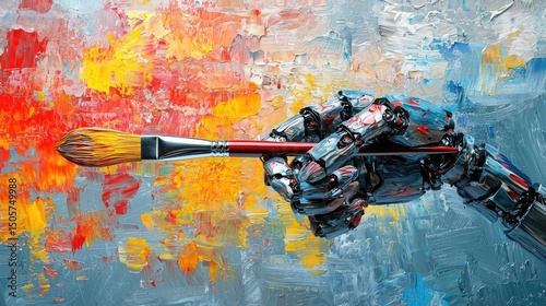 Abstract art piece with a robotic hand holding a paintbrush.
