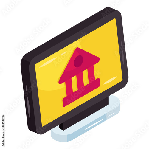 Bank building inside monitor, concept of online banking icon