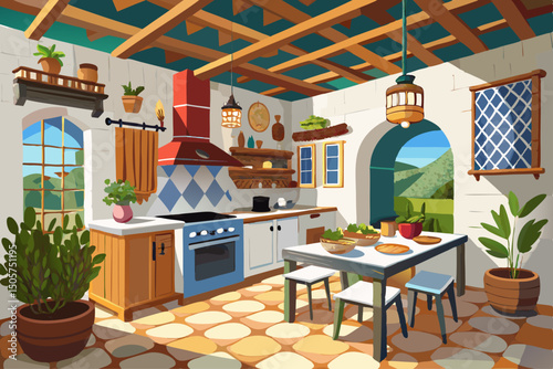 vector of An image of the interior decoration of a traditional kitchen, a Mediterranean rustic style typical of Ibiza in the Balearic Islands. The decoration color is white and wood used