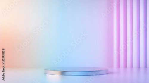 Sleek futuristic metallic podium with holographic colors creates vibrant and modern display. soft pastel gradient background enhances minimalist design