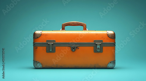 Vintage orange suitcase against a teal background.