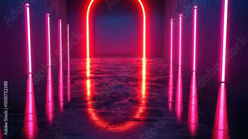 Neon archway in a reflective corridor with pink and orange lighting