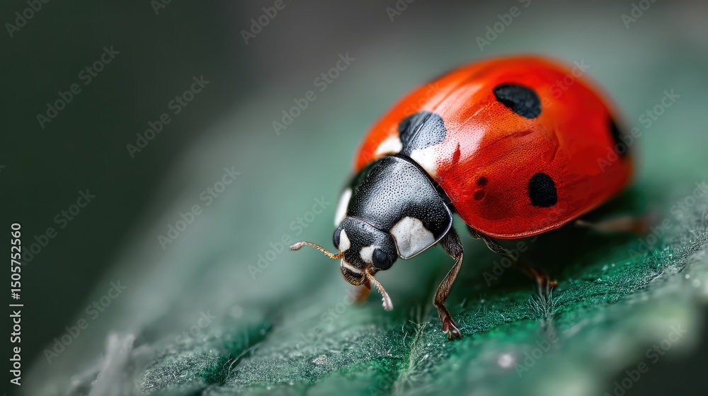 Fototapeta premium A vivid close-up of a ladybug crawling on a green leaf, showcasing its shiny red shell with black spots and delicate legs in sharp macro detail.