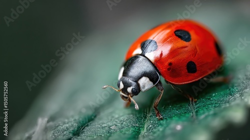 A vivid close-up of a ladybug crawling on a green leaf, showcasing its shiny red shell with black spots and delicate legs in sharp macro detail.