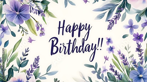 Clean banner design with lavender wreath encircling elegant cursive “Happy Birthday!” text, white background with pale grey paper texture, centered composition.
