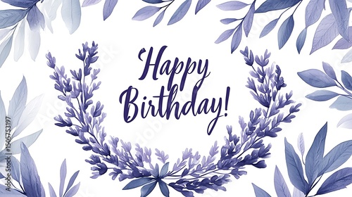 Clean banner design with lavender wreath encircling elegant cursive “Happy Birthday!” text, white background with pale grey paper texture, centered composition.