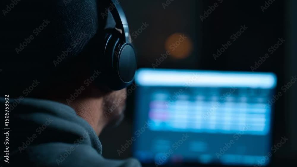 A beatmaker or sound engineer in headphones bobs his head to the rhythm of a computer analyzing data on a glowing screen