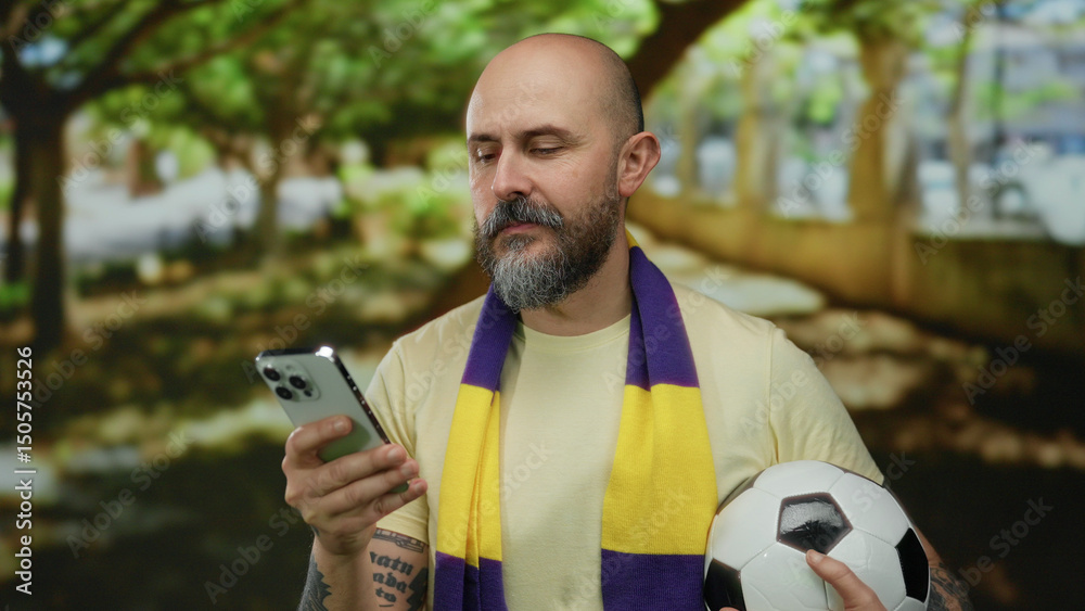 Fototapeta premium Bald man with beard holds smartphone and soccer ball, wearing yellow and purple scarf, standing in a sunny park setting.