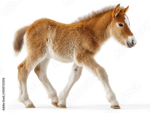 Adorable chestnut foal prances on white background.