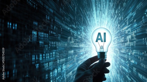 Artificial Intelligence and AI robot concept with a human hand holding a light bulb, against a digital data flow technology background. 