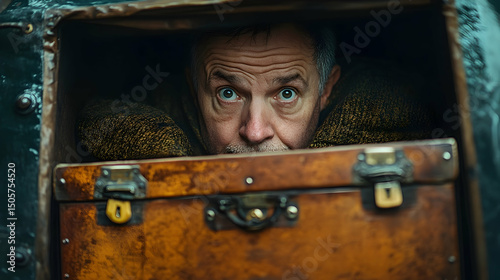 A man's face peering from within a vintage wooden chest.