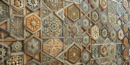 Intricately carved wooden panels showcase a complex geometric pattern with a variety of floral and star-shaped motifs.