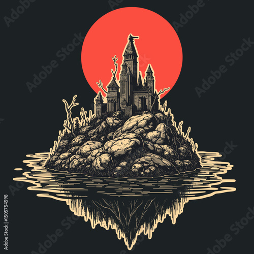 Dark castle on an island reflected in water against red sun .T-shirt print